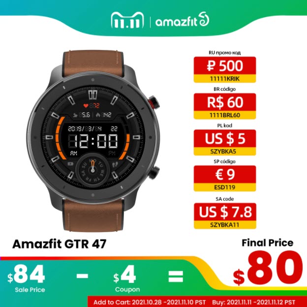 Умные часы Amazfit GTR 47 мм, 5 АТМ по низкой цене на распродаже 11.11 AliExpress