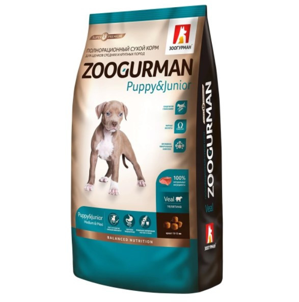 ЗООГУРМАН сухой корм для щенков средних и крупных пород Puppy & Mother, Телятина/Veal, 12кг
