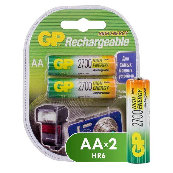 Аккумулятор Ni-Mh 2700 мА·ч 1.2 В GP Rechargeable 2700 Series AA, 2 шт.