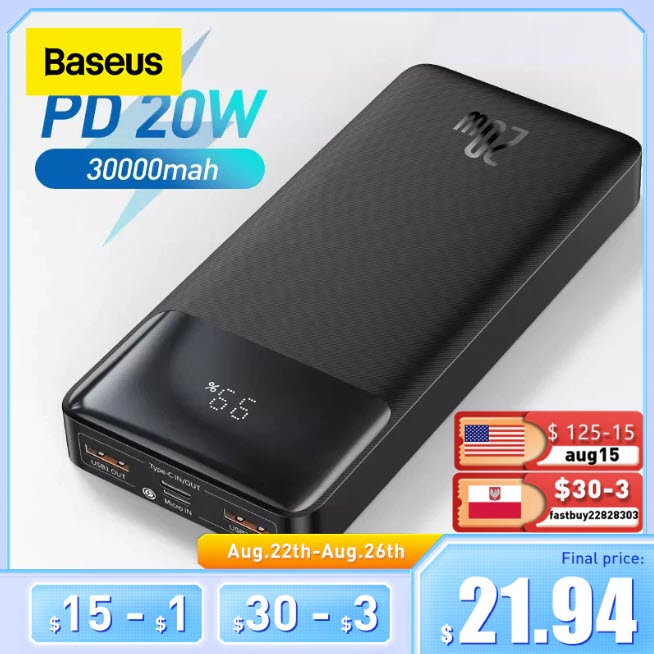 Внешний аккумулятор Baseus Power Bank 30000 мАч, PD 20 Вт