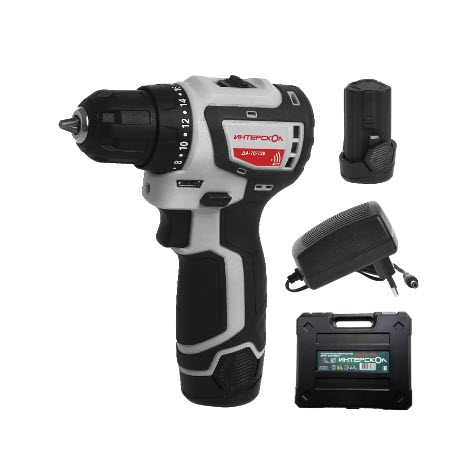 Дрель-шуруповерт аккумуляторная Интерскол ДА-10/12В, 12 В, 2 x 2 Ач, Li-Ion, ЗУ, кейс